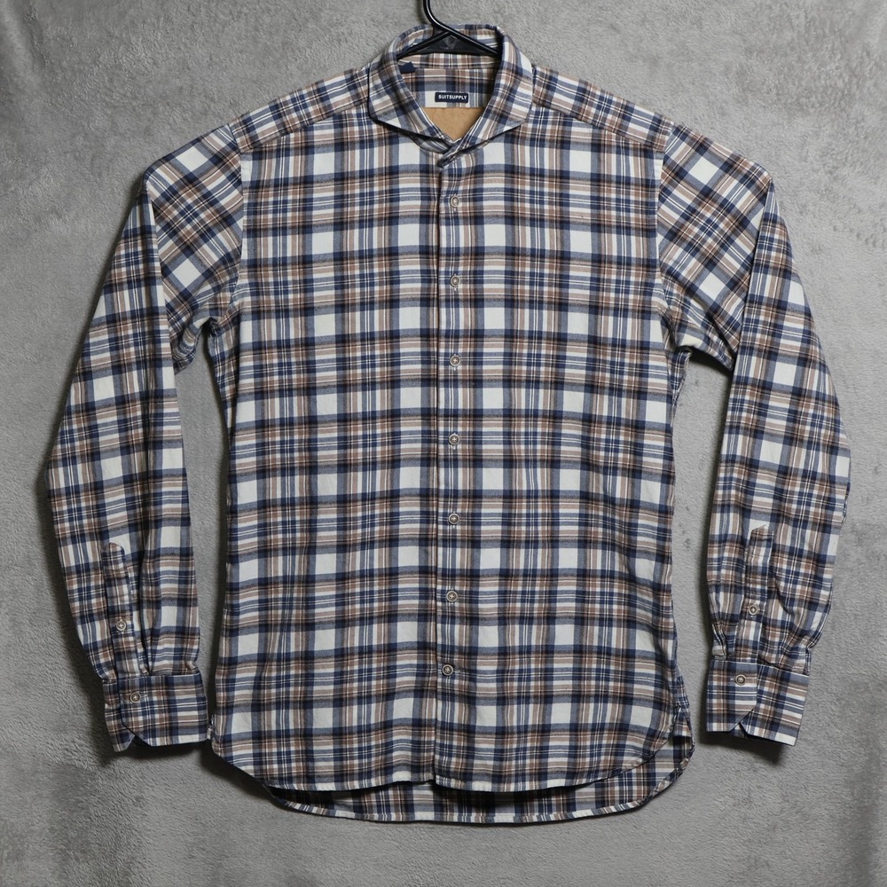 Suitsupply Shirt Mens 40 Brown White Plaid Flannel Long Sleeve Button Up Casual